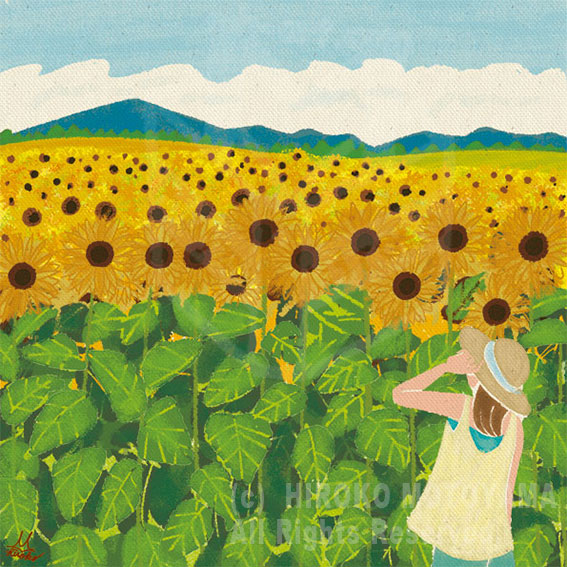 オリジナル作品 夏「ひまわり畑」 夏,花,畑,イラスト
