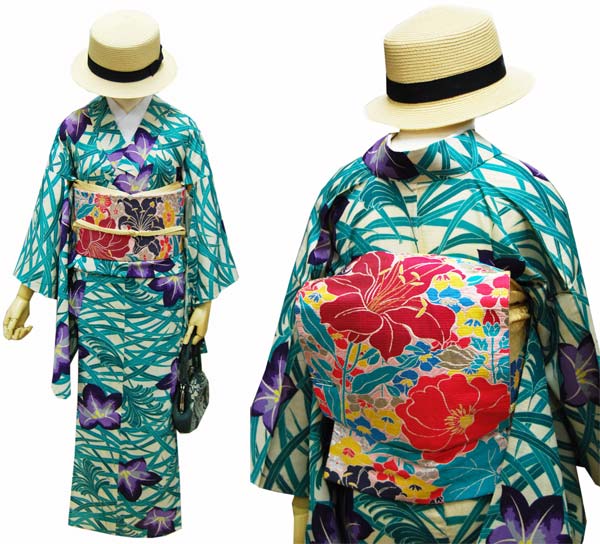 アンティーク夏着物 絽　アンティーク小紋　百合 アンティークの絽小紋 オンラインショップにてアンティークの夏着物を