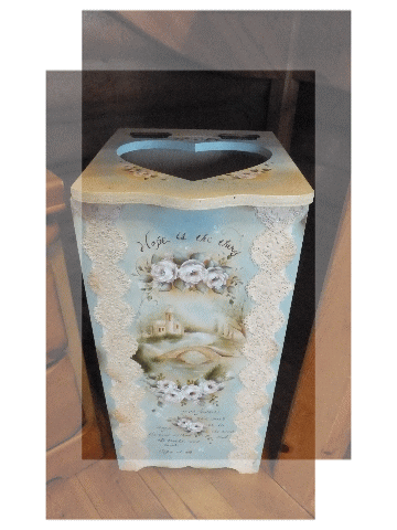 トールペイント作品ゴミ箱 トールペイント作品 ピンクのバラ柄木製