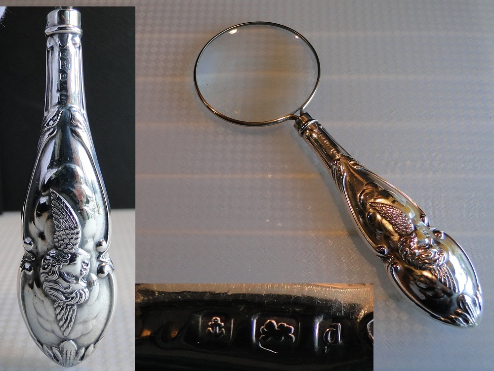 HOT，豊富な イギリス 1903年 ハンドルが純銀925の虫眼鏡 ルーペ