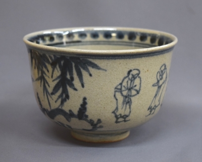 安南七賢人抹茶茶碗 P939 茶碗 『膳所焼』『陽炎園造』『安南写七賢人絵』 抹茶