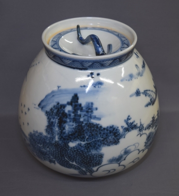 膳所焼 茶道具 水指 膳所焼 岩崎新庄 染付 近江八景絵 芋頭水指 尋牛斎 | 茶道具