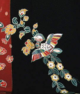 黒地 花柄 鳥刺繍 着物反物 黒地 花柄 鳥刺繍 着物反物