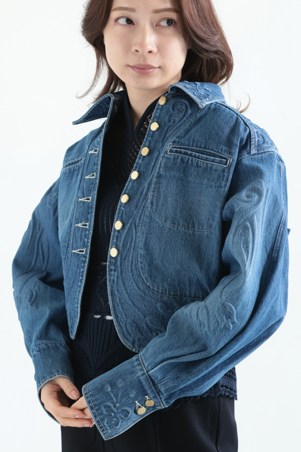 Mame Kurogouchi(マメ) Floral Embossed Short Denim Jacket