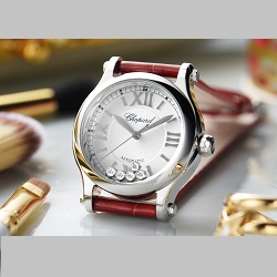 時計 画像 腕時計 レディース ショパール Chopard ハッピースポーツ MM オートマティック ダイヤ レザーベルト 赤 美品