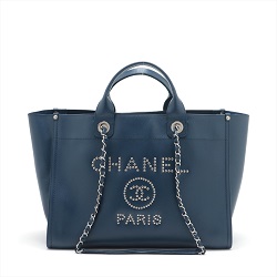 シャネル 画像 トートバッグ キャビアスキン ネイビー チェーンショルダー ドーヴィルGM
