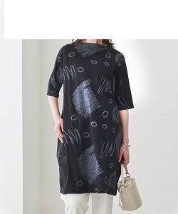 古着 画像 五分袖チュニック ネイビー 柄物 ニッセン フリーサイズ レディース 美品
