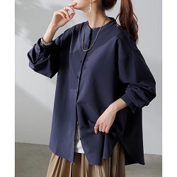 古着 画像 ノーカラーシャツチュニック ネイビー HUG.U Mサイズ レディース 美品