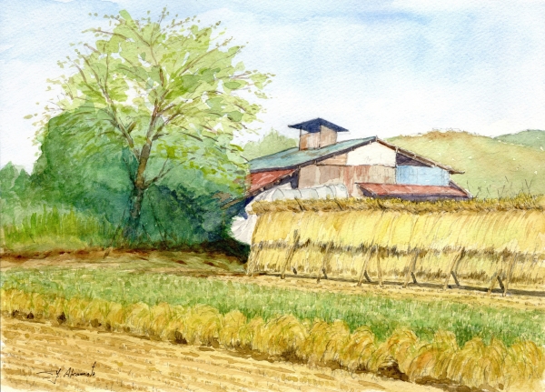 仙台 実りの秋の田園風景 | レオくんの水彩スケッチ