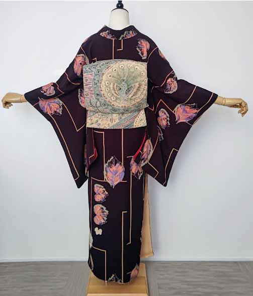 付け下げ相良刺繍葉影流水リーフ紗綾形地紋紋無し着物054a d 