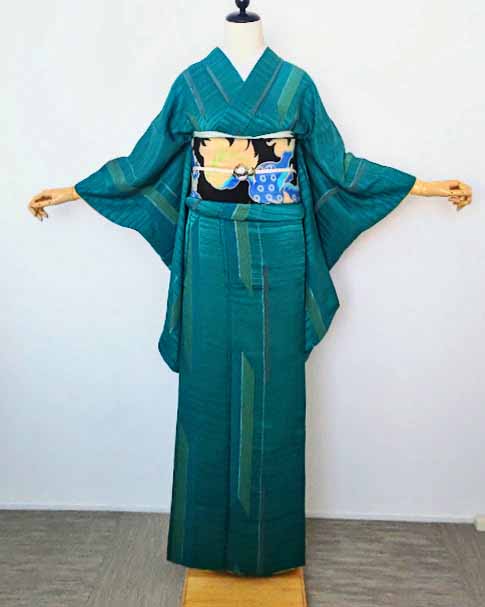 アールデコ矢羽根ピーコックグリーン！アンティークお召し着物 アールデコ矢羽根ピーコックグリーン！アンティークお召し着物