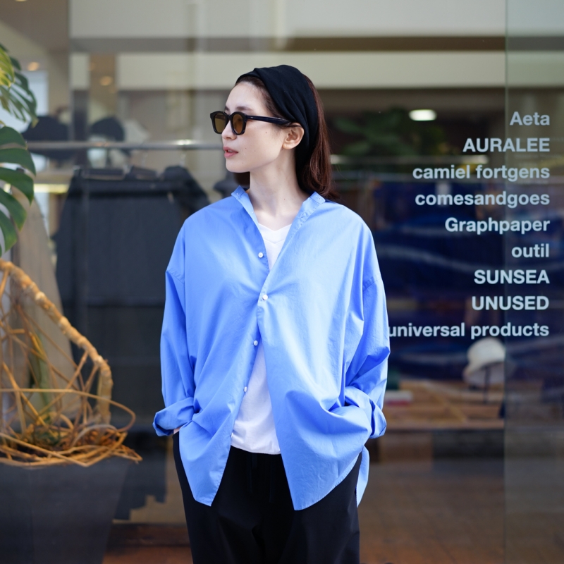 Graphpaper Broad L/S Oversized Band Collar Shirt (GL241-50007B)/Blue