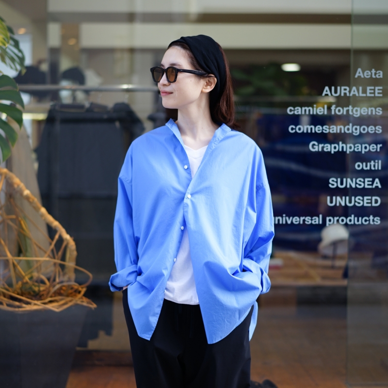 Graphpaper Broad L/S Oversized Band Collar Shirt (GL241-50007B)/Blue