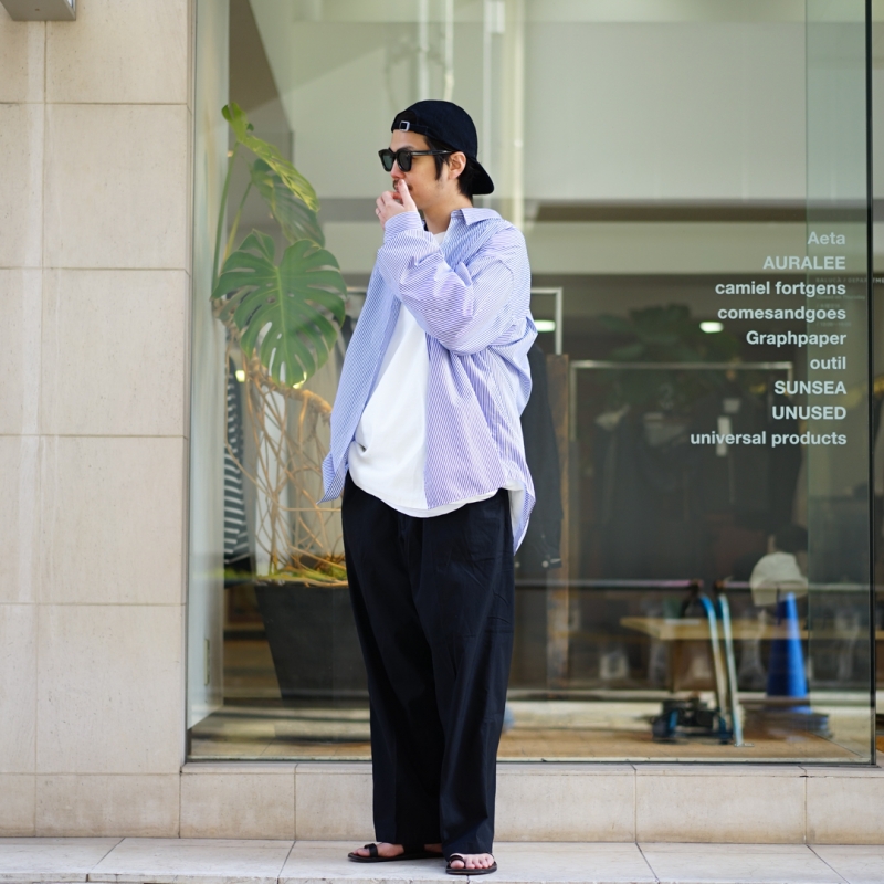 Graphpaper (グラフペーパー) Broad L/S Oversized Regular Collar Shirt (GM241-50001STB)/Blue Stripe