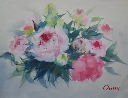 芍薬とクレマチス水彩画