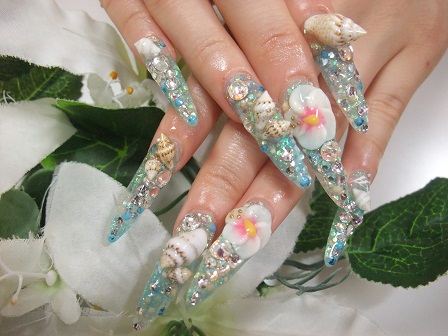 スカルプ》 水色ラメ 3Dハイビスカス スワロ 貝殻 | ☆Irish Nail