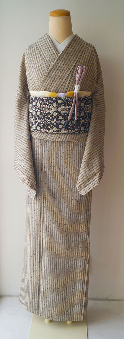 未着用作家もの名古屋帯紬縦縞市松くすみカラー着物044a d