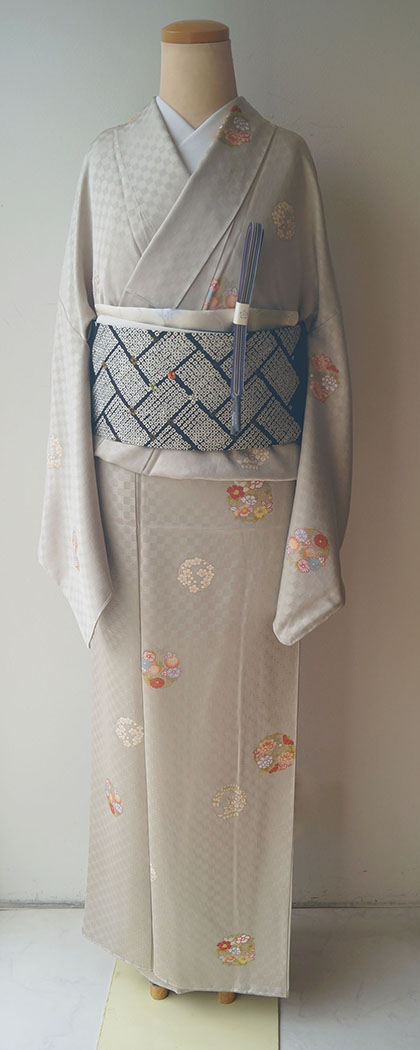 小紋 菊花模様 ネイビー うさぎ模様 藍染 お召 グレー 着物 075w