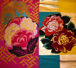 アンティーク名古屋帯唐獅子と鞠の刺繍鳥の地紋正絹大正ロマンNo.50