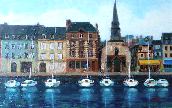 油彩画 北フランスの情景 オンフルール クゥちゃんパパーいしげ