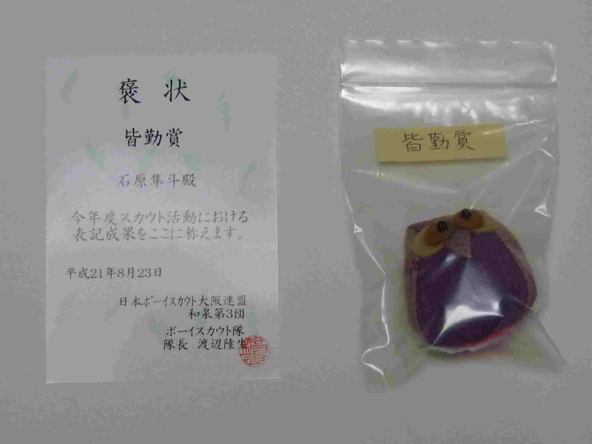 BSお別れ隊集会 褒状 | ﾎﾞｰｲｽｶｳﾄ和泉3団