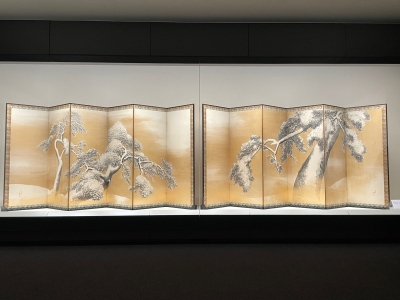 茶道具 二曲屏風 貼り絵『丹頂鶴花鳥図』 日本画 絵画 屏風