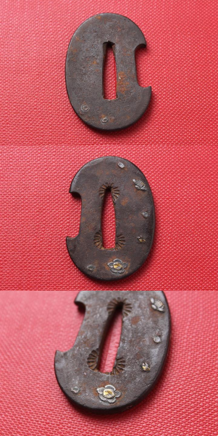 tb526时代武具 金银象嵌 梅纹 短刀锷◇刀装具/骨董/古美术/江戸