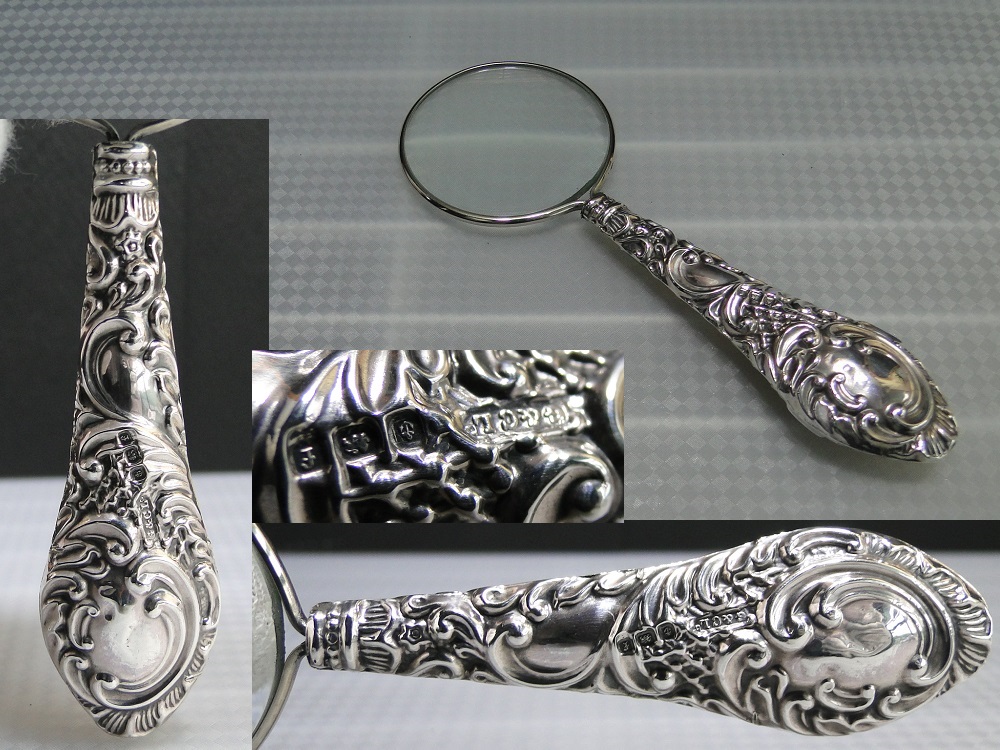 純銀製のハンドルの虫眼鏡 ルーペ イギリス Birmingham 1905年 英国